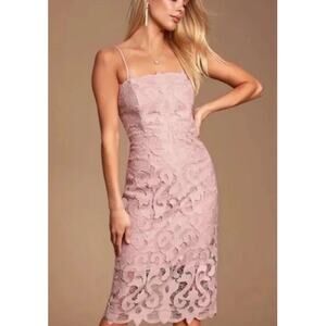 BARDOT Blush Pink Lace Bodycon Midi Spaghetti Strap Cocktail Romantic Chic Dress